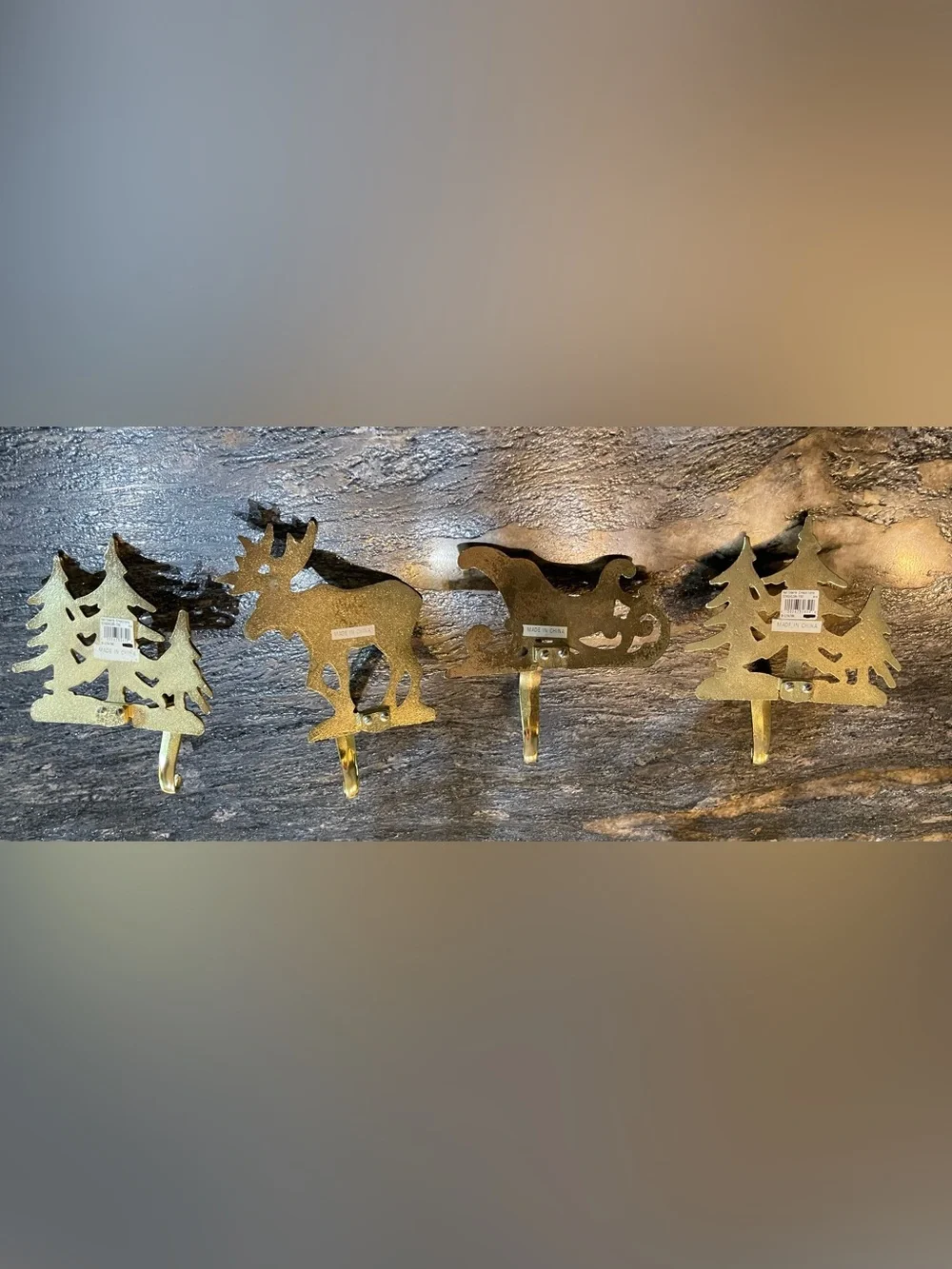 VTG Hallmark Metal Brass Tone Holiday Mantel Hooks Set - Sleigh, Trees & Moose